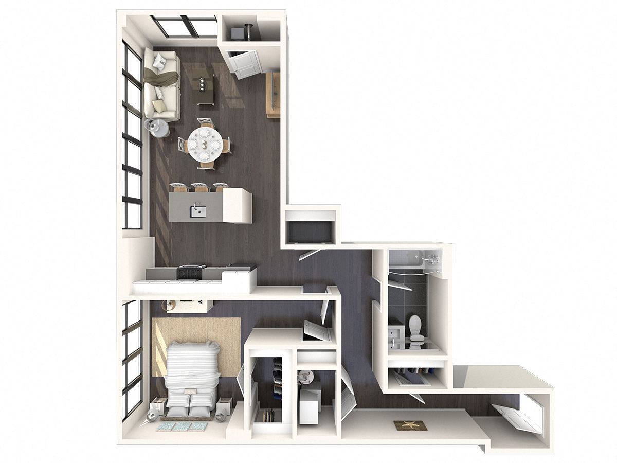 Floor plan for 1 bed, 1 bath, 956 sqft